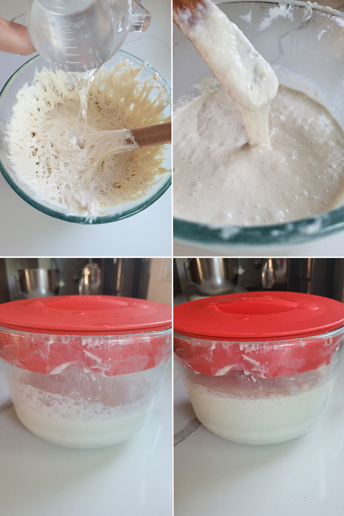 Mixing crumpet batter in a glass bowl. Rising crumpet batter in a glass bowl. 