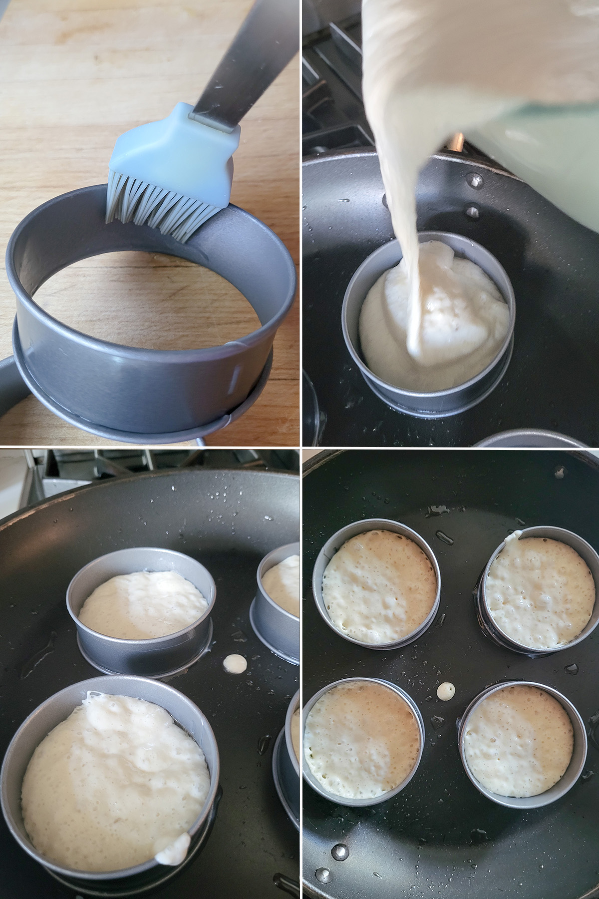 Metal rings in a pan filled with crumpet batter. 