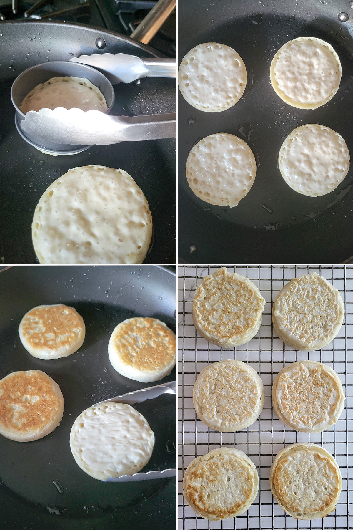 Crumpets cooking in a pan and cooling on a rack.