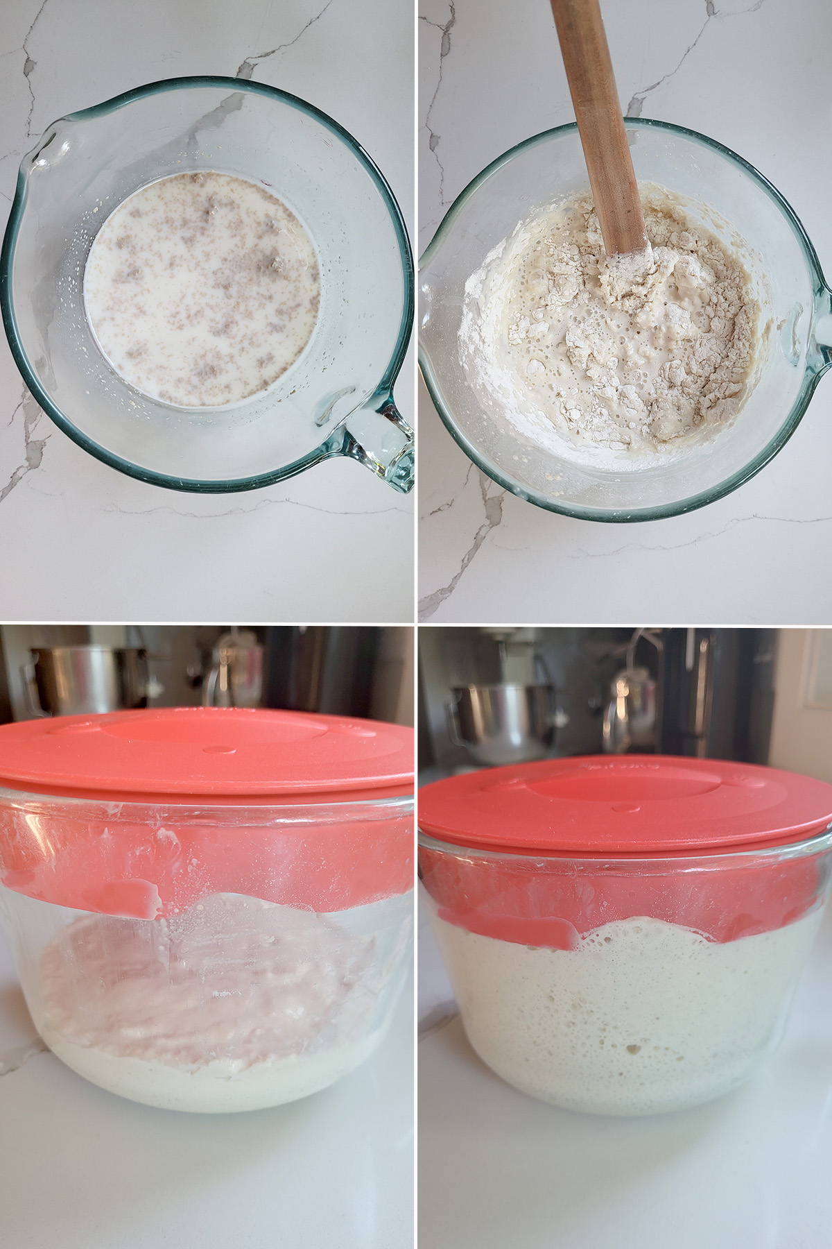 mixing crumpet batter in a glass bowl. Crumpet batter before and after rising.