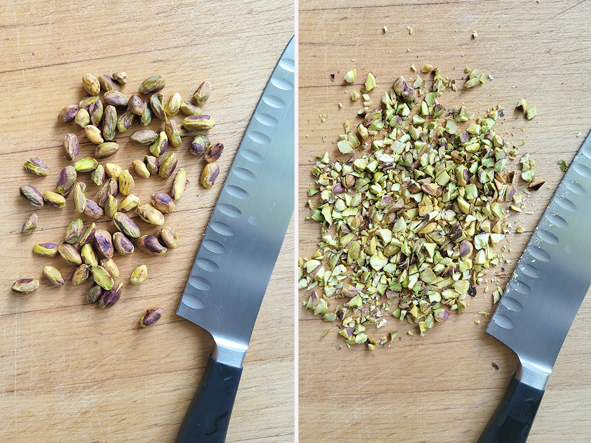 pistachios and a knife on a cutting board. 