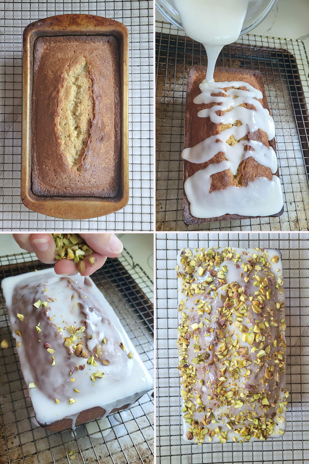 a cake on a cooling rack with glaze pouring on it. Nuts sprinkling on a glazed cake.