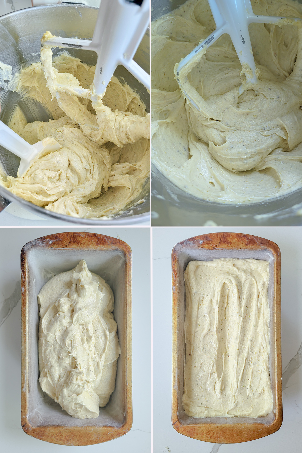 Pistachio cake batter in a mixing bowl and in a cake pan.