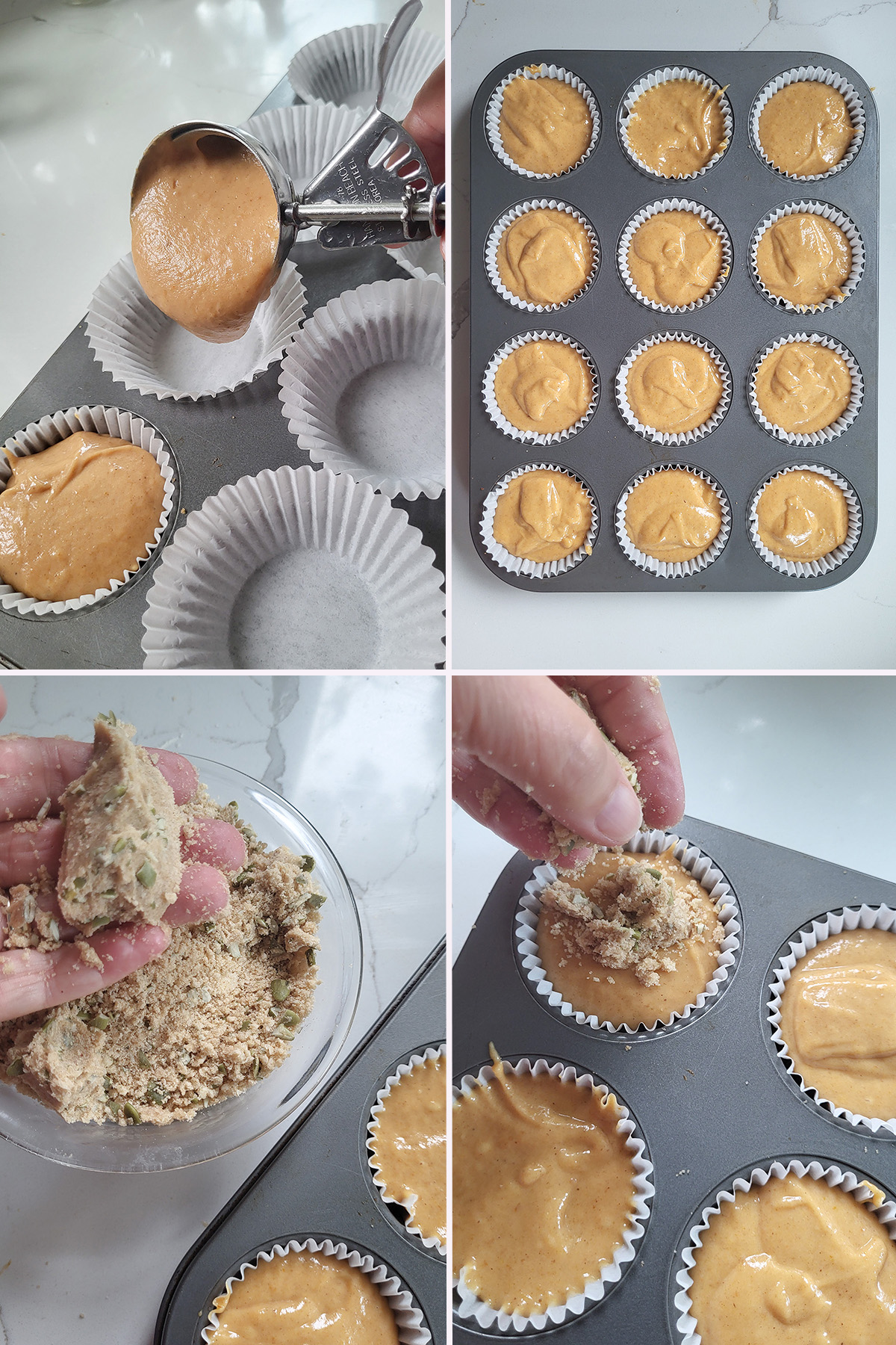 a scooper filling muffin pans with pumpkin batter. A hand sprinkling crumbs on unbaked muffins.