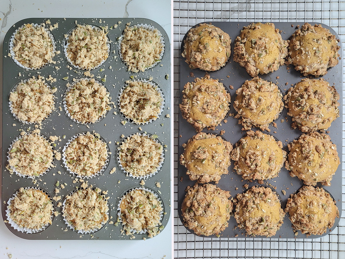 a tray of pumpkin muffins before and after baking.