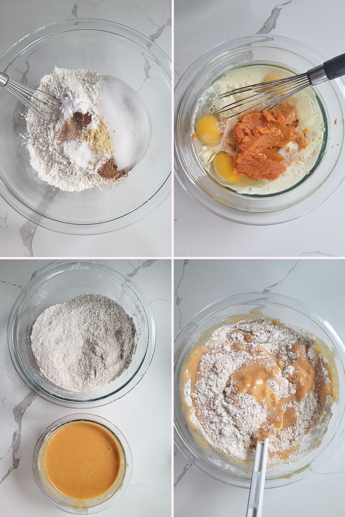 dry ingredients for muffin in a glass bowl. Wet ingredients for pumpkin muffin in a glass bowl.