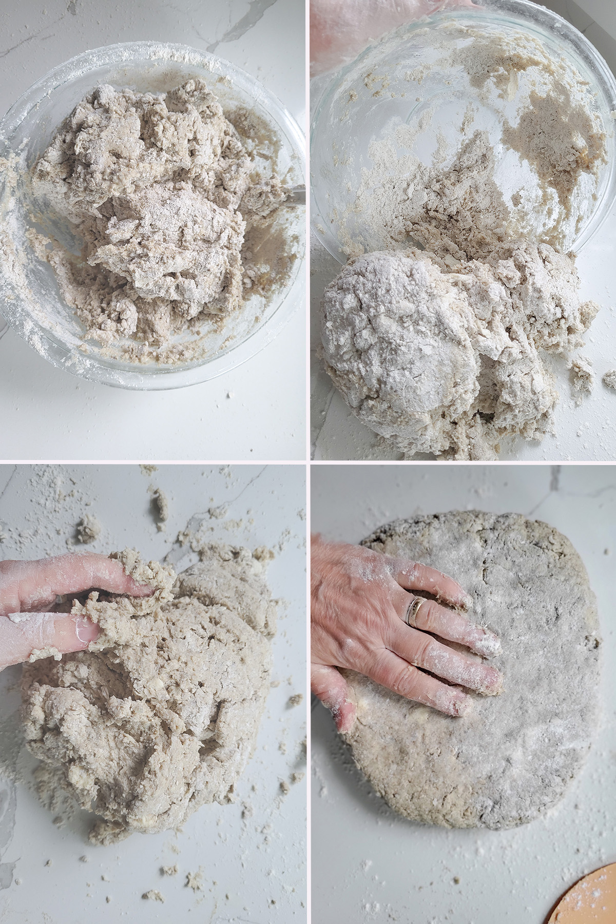 A photo collage of scone dough in a mixing bowl and on a work surface. 