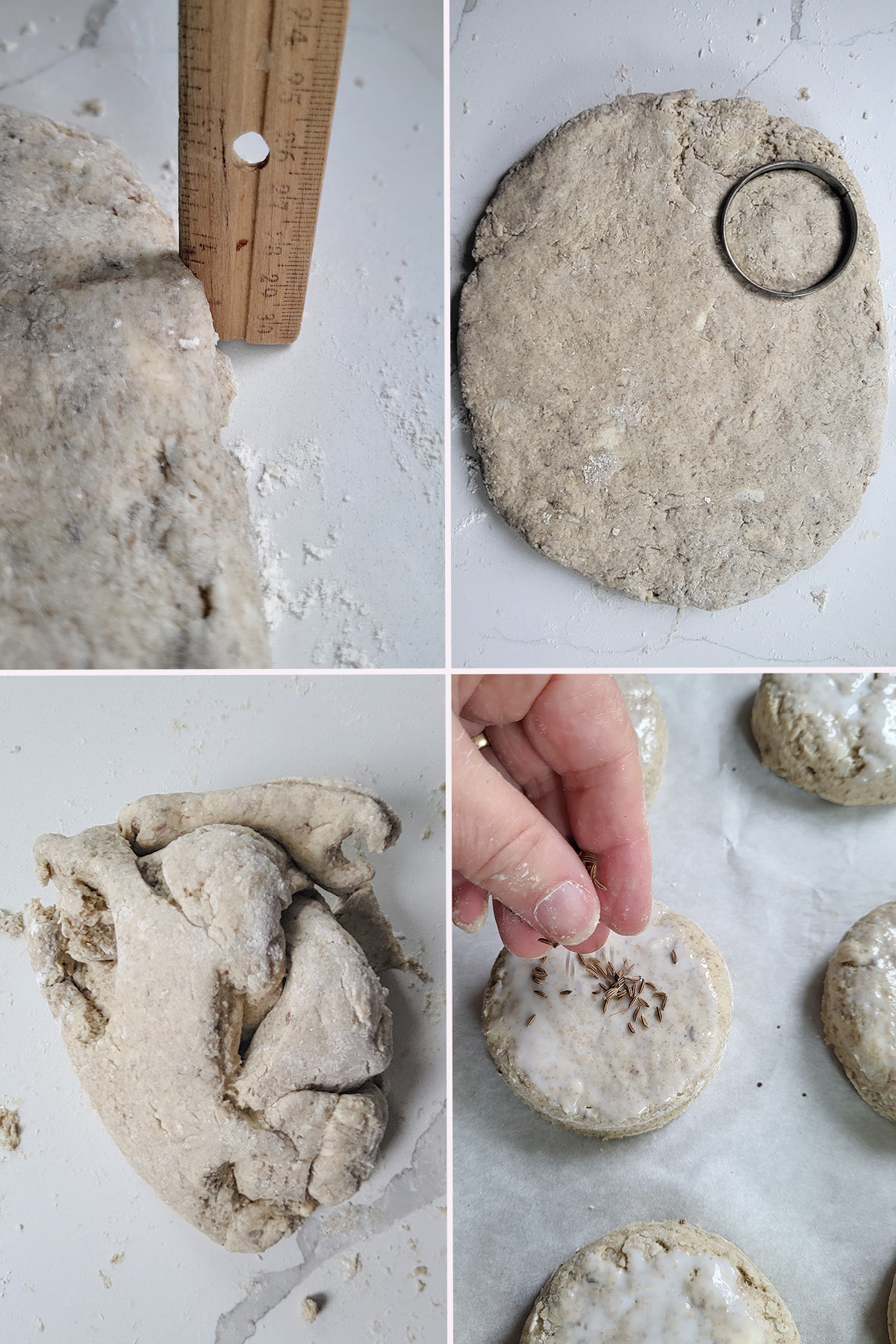 A photo collage of scone dough cut into rounds.