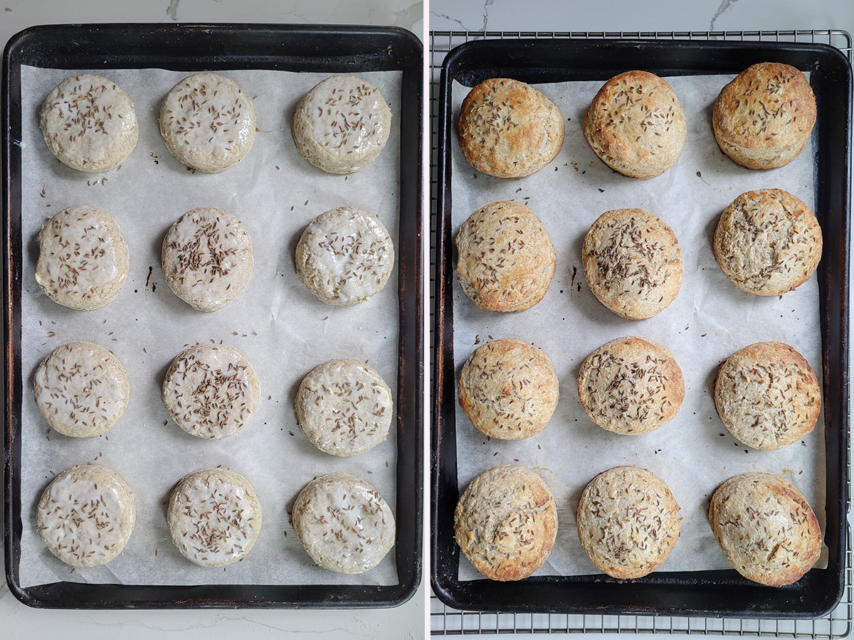 two photos of a tray of rye scones before and after baking.