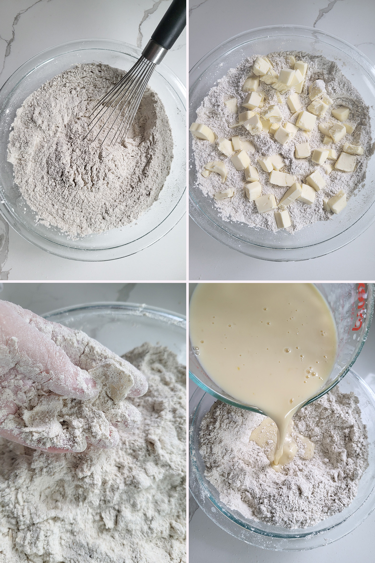 A photo collage with mixing bowl filled with dry ingredients and cubes of butter. Wet ingredient poured into the bowl.