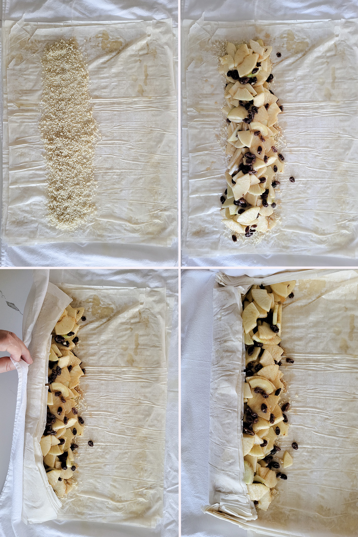 photo montage showing adding apples to a strudel.