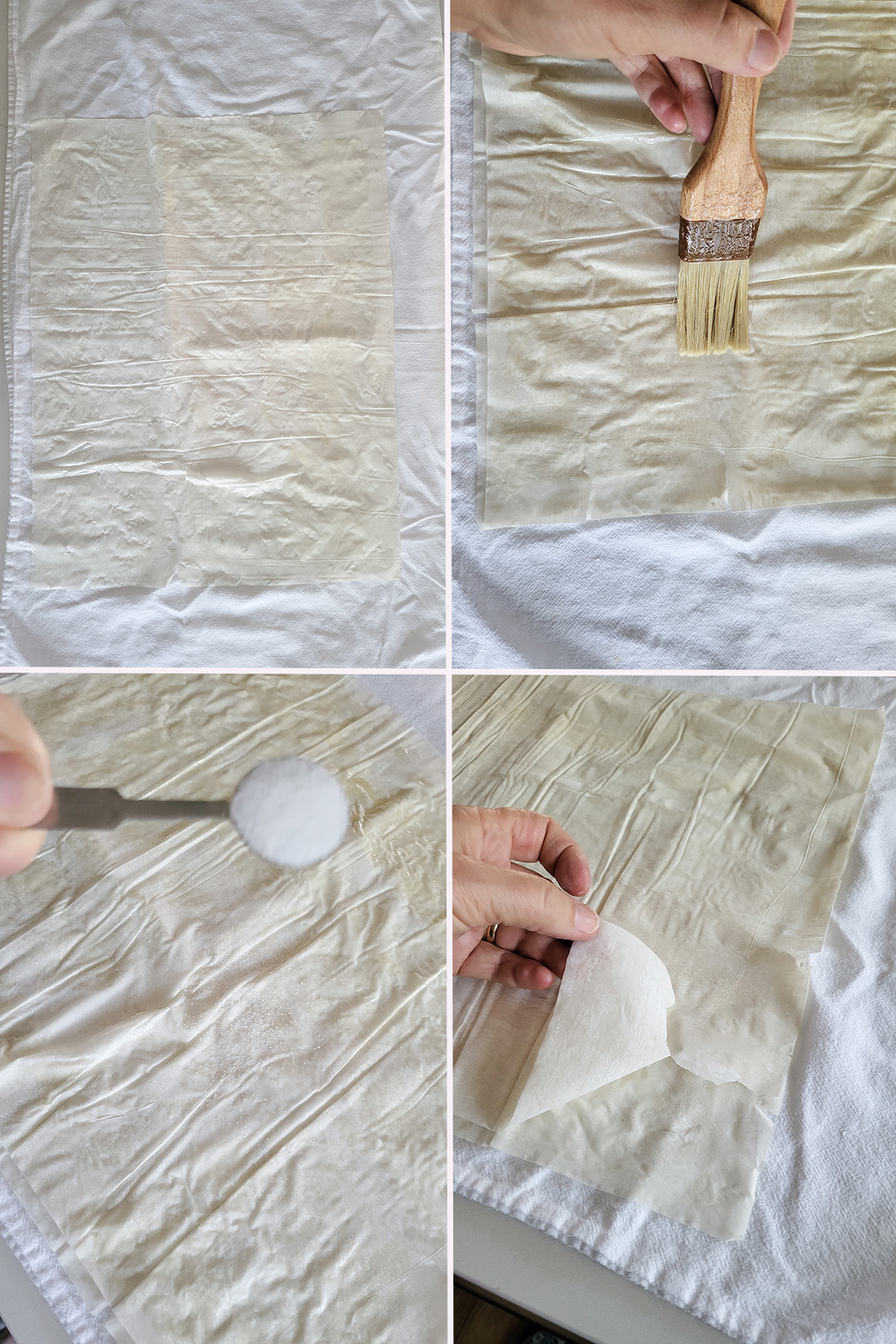 photo montage showing layering phyllo dough with butter and sugar.