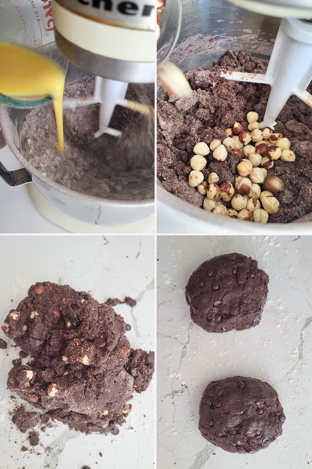 photos collage with biscotti dough ingredients in mixing bowl.