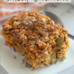 a pinterest image for pumpkin baked oatmeal with text ovelay.