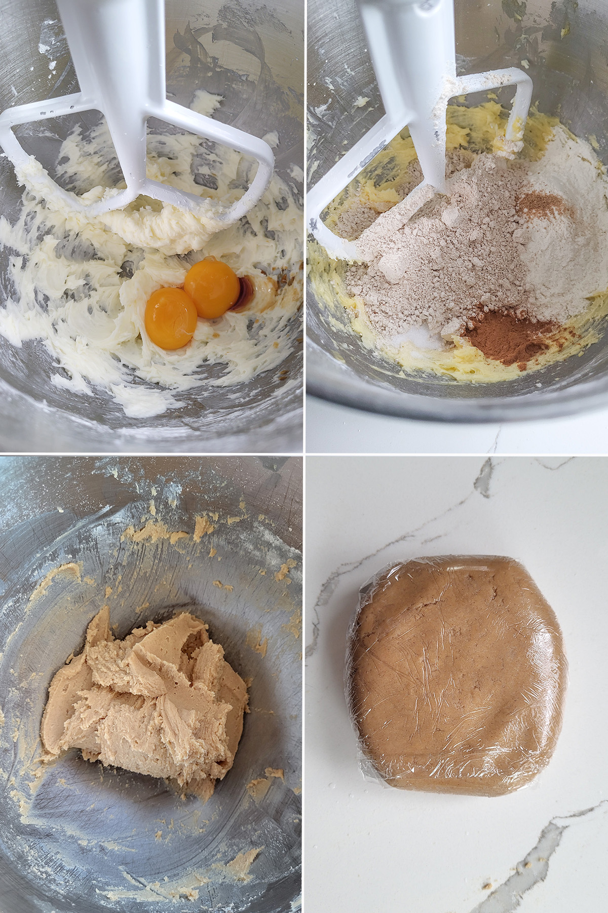 butter and egg yolks in a bowl. Flour and spices added to the bowl. A disc of dough wrapped in plastic.