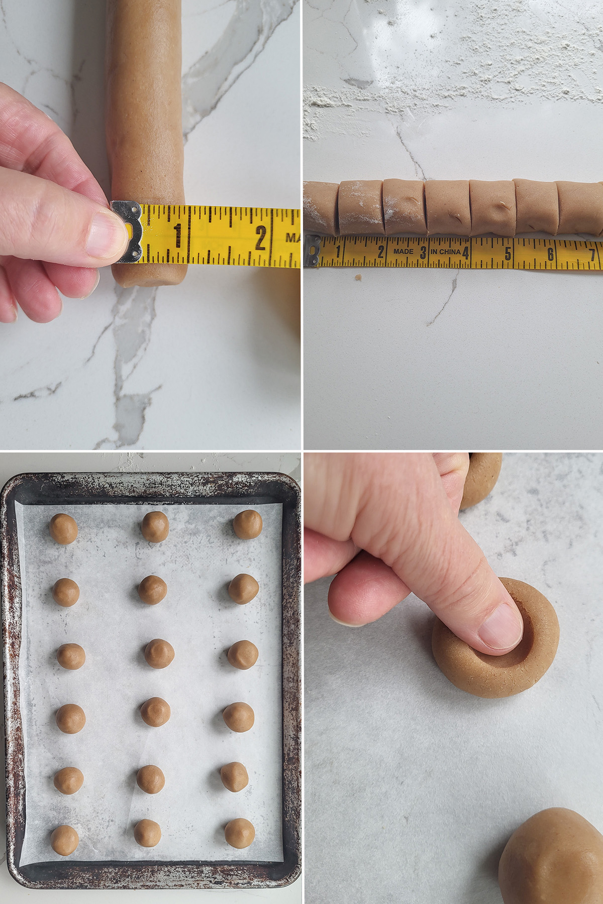 A dowl of dough and a measuring tape. Dough ball on a baking sheet. A thumb pressing into a dough ball.