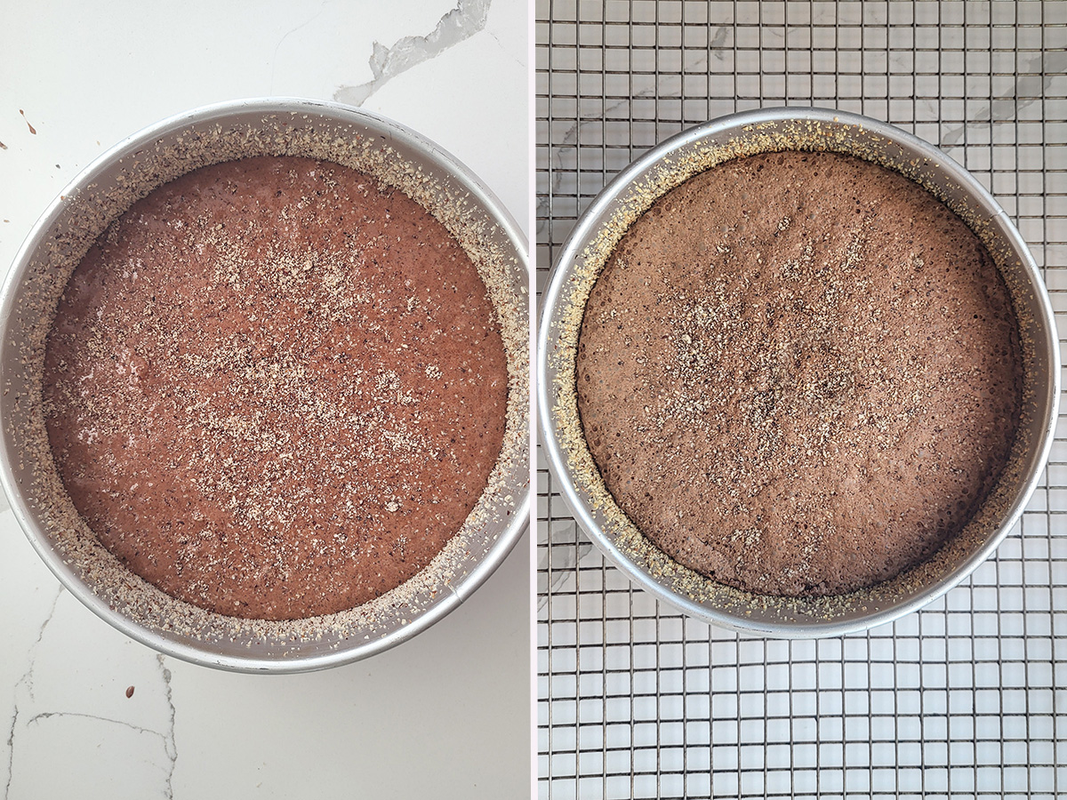 a chocolate hazelnut cake in a pan before and after baking.