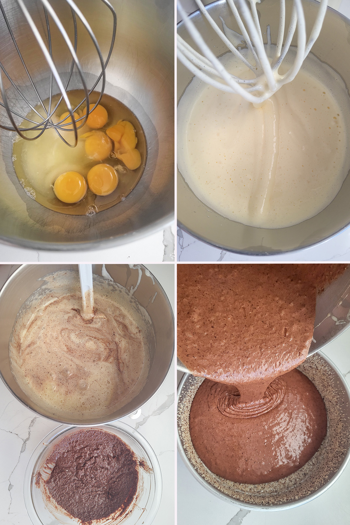 flour photos showing whipped eggs with chocolate batter folded in.