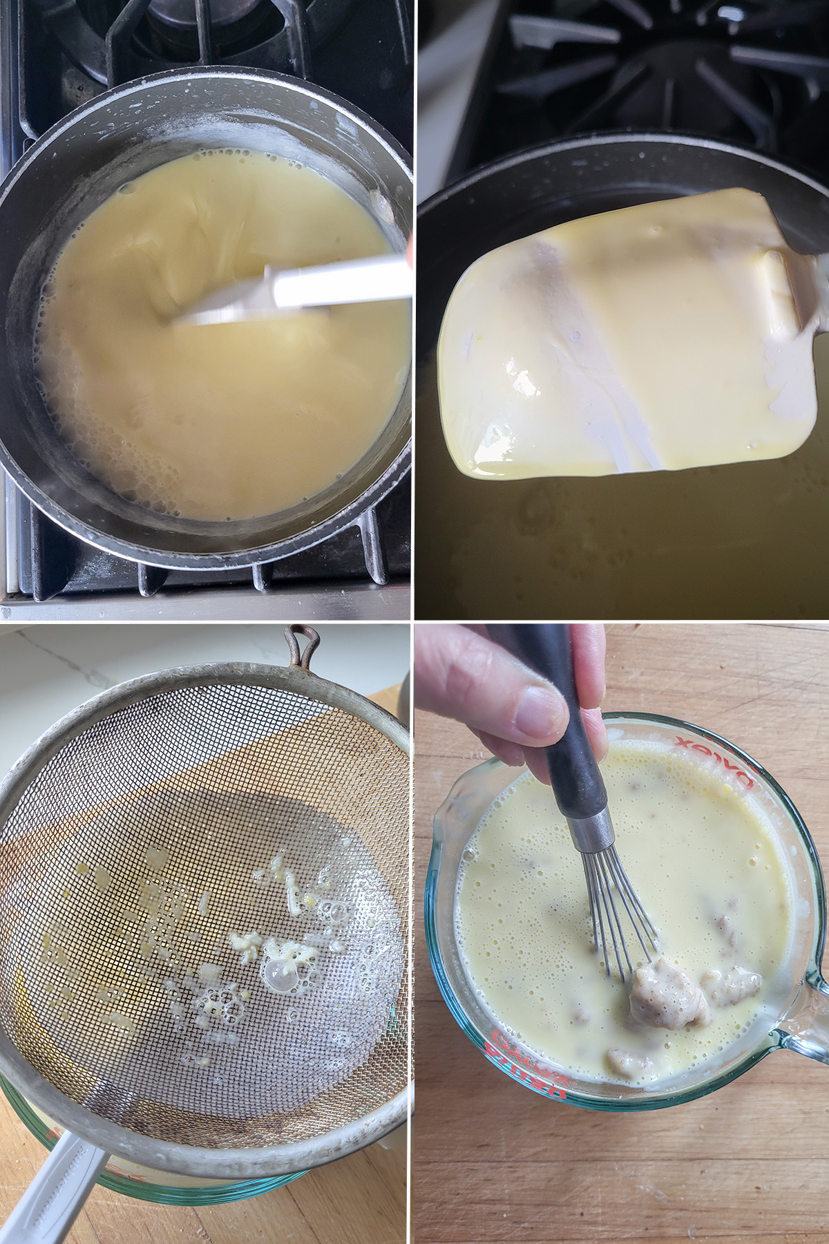 custard cooking in a pot. Custard strained into a bowl. Custard being whisked in a bowl.