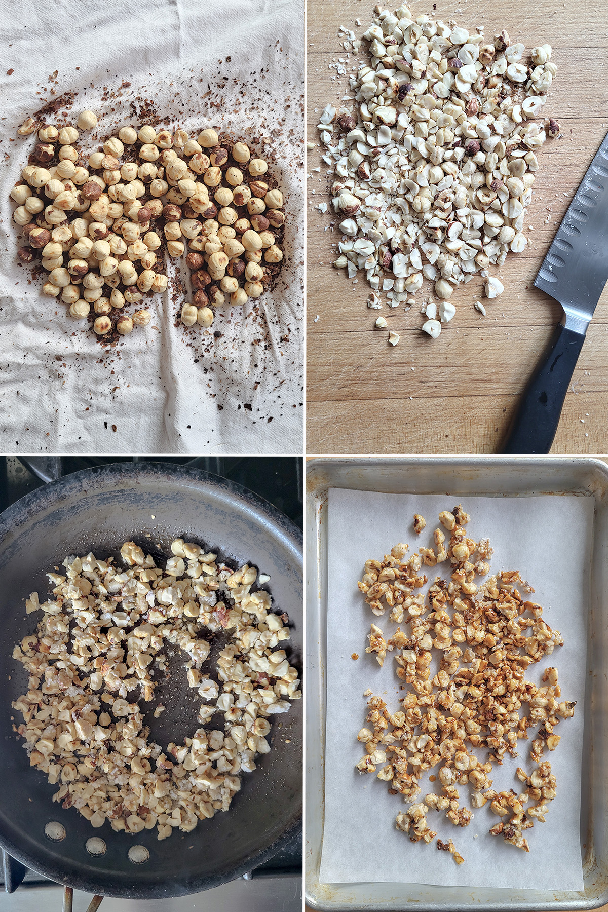 Hazelnuts on a white towel. Hazelnuts on a cutting board. Hazelnuts in pan.