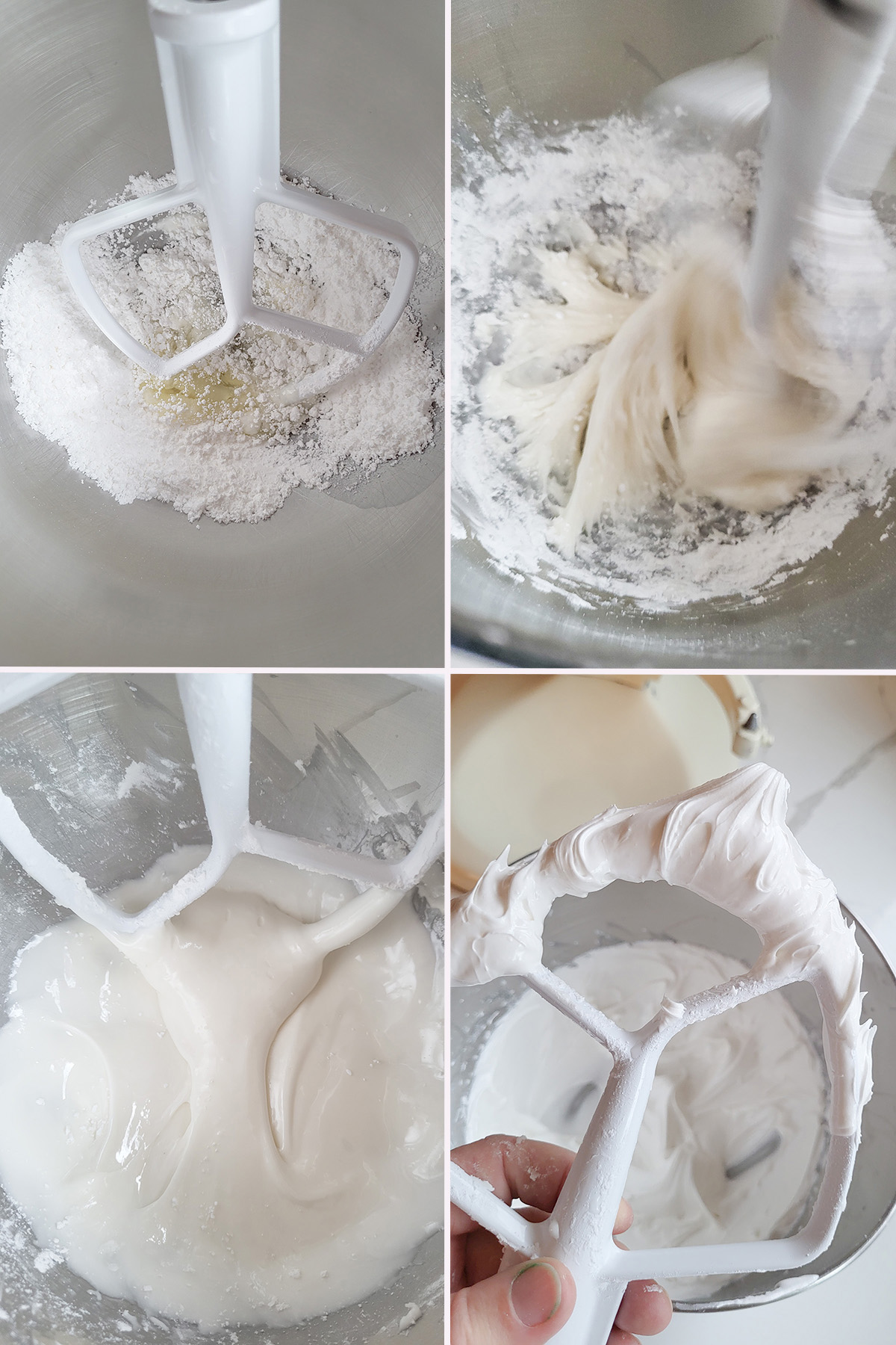 flour photos showing egg whites and powdered sugar mixing in a bowl for royal icing.