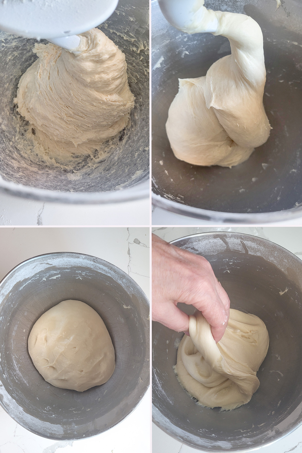 a mixing bowl with a dough hook kneading sourdough stollen dough.