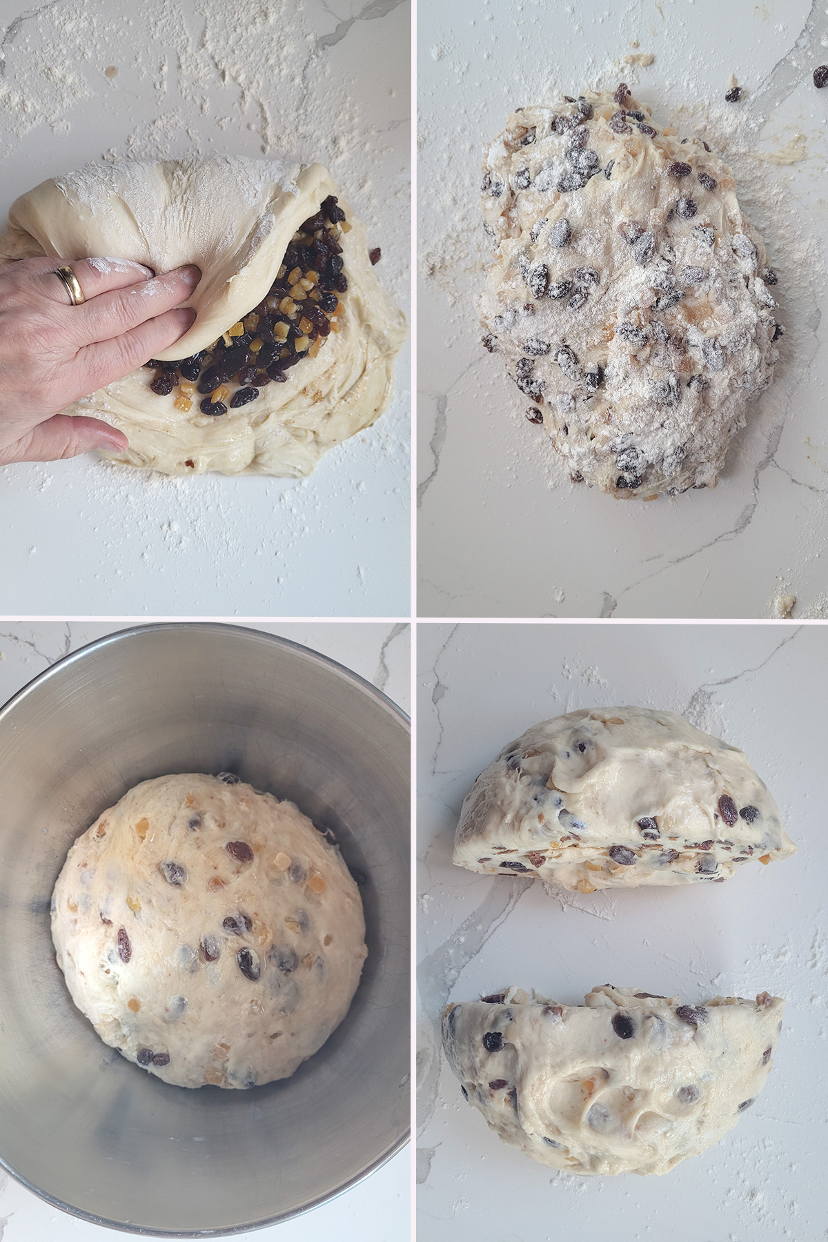 a hand kneading dried fruits into sourdough stollen dough.