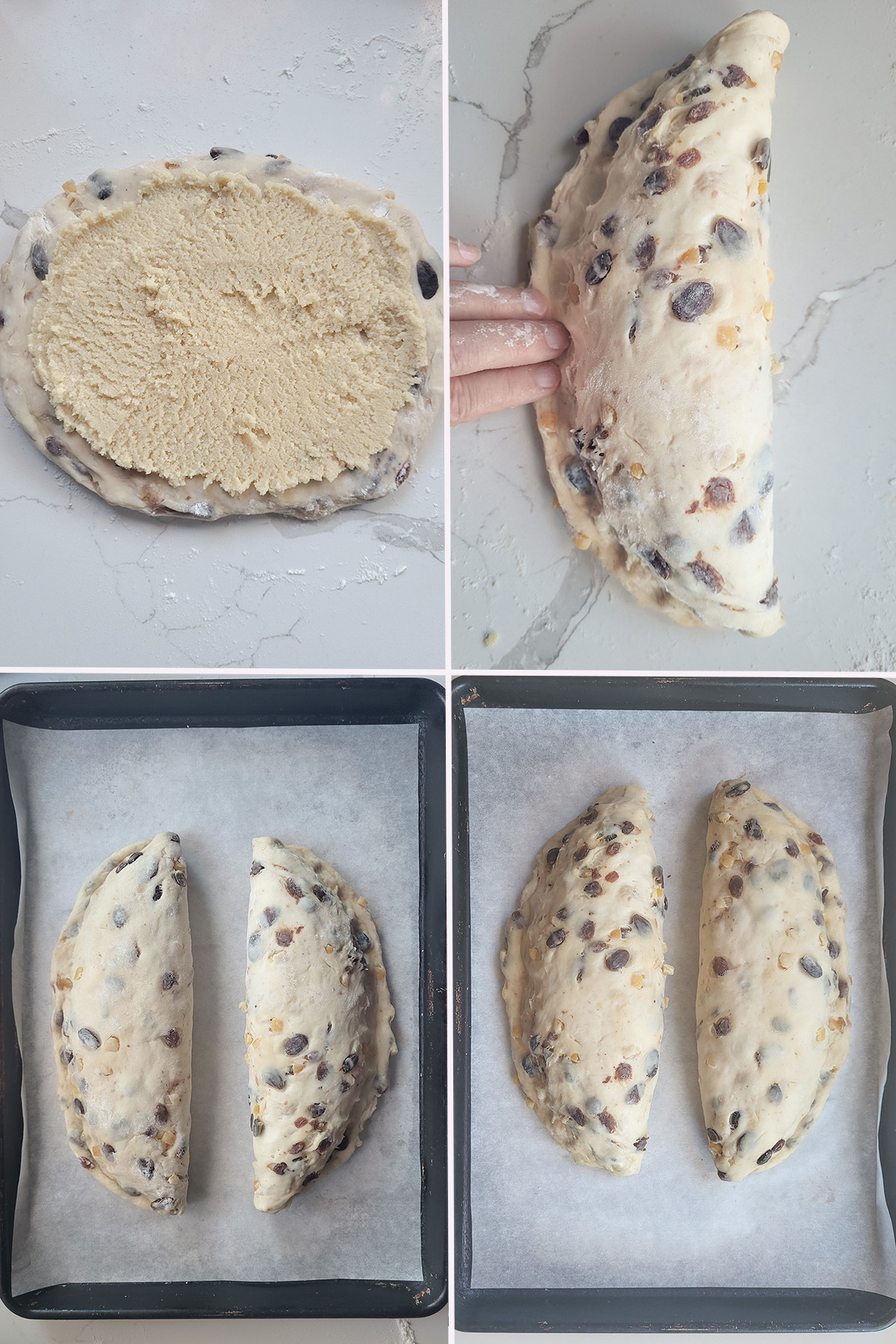 four photos showing the process for filling and shaping sourdough stollen.