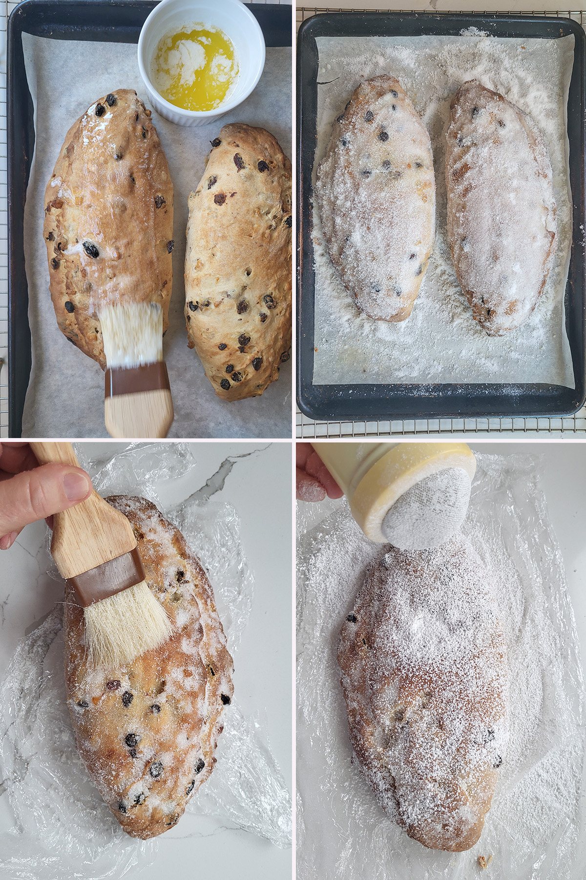 Four photos showing how to butter and sugar sourdough stollen after baking.