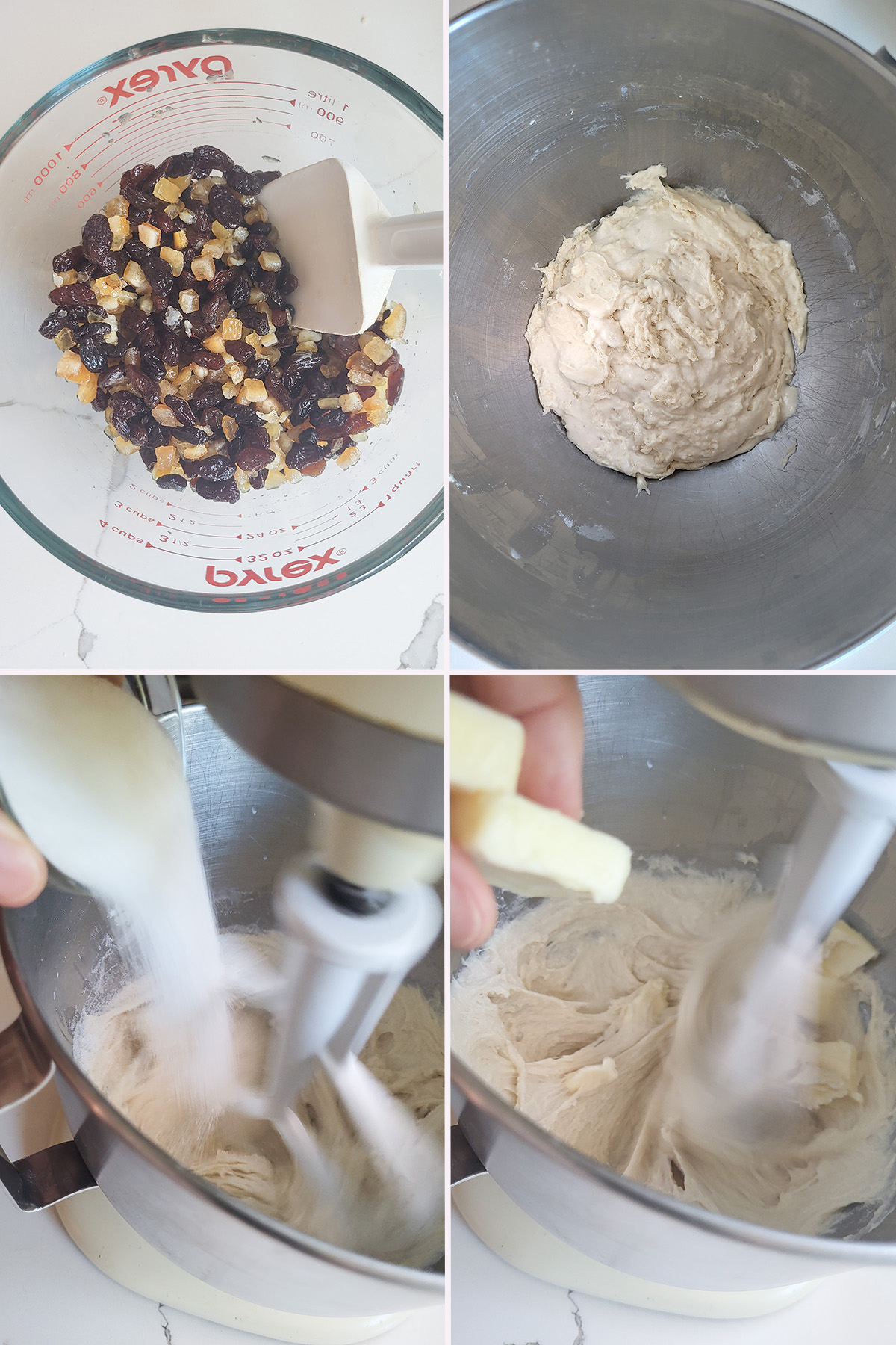 a bowl of raisins and dried orange peel. A bowl of bread dough with sugar and butter being added. 