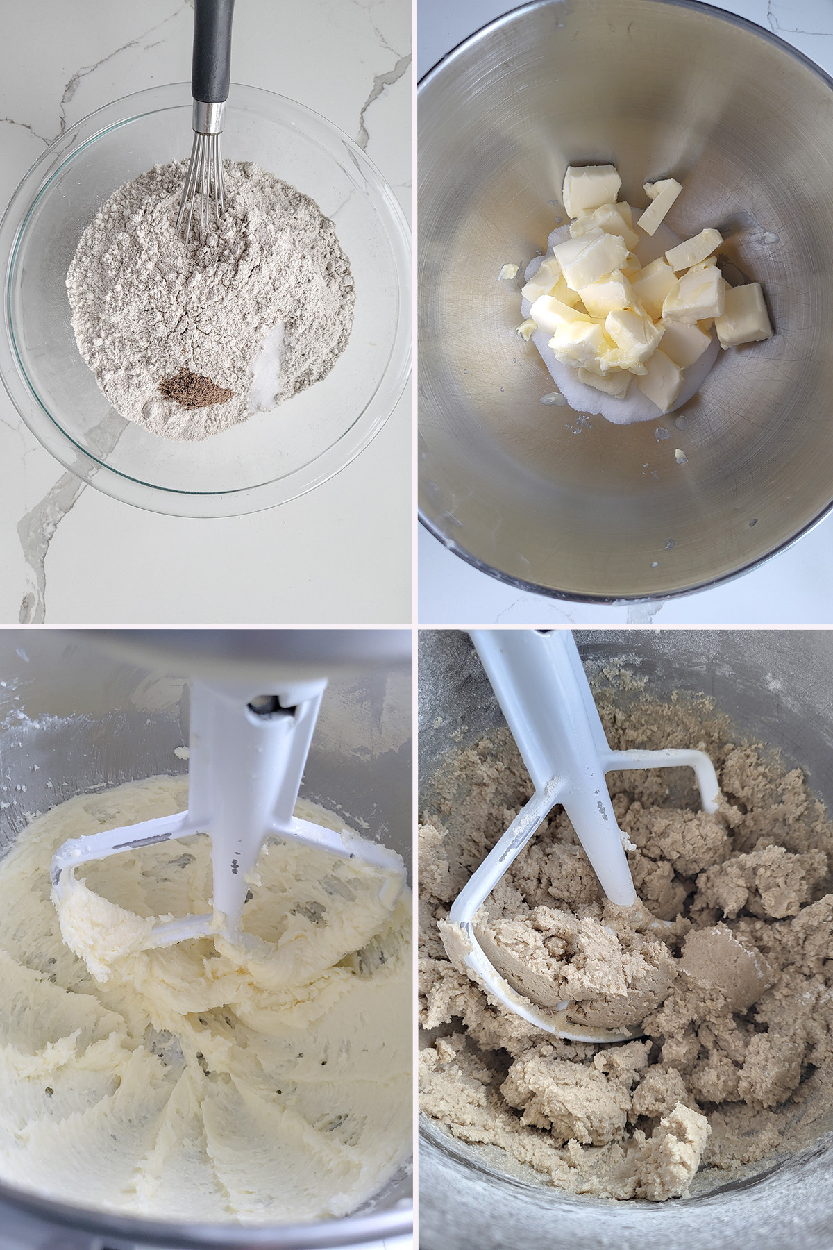 A bowl of flour with a whisk. A bowl with butter and sugar. Cookie dough in a mixing bowl.