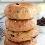 a pinterest image for cinnamon raisin bagel recipe with text overlay.