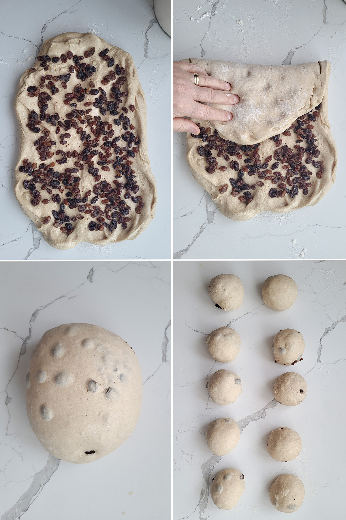 Raisins on top of bagel dough. Raisins folded into dough. Balls of bagel dough.