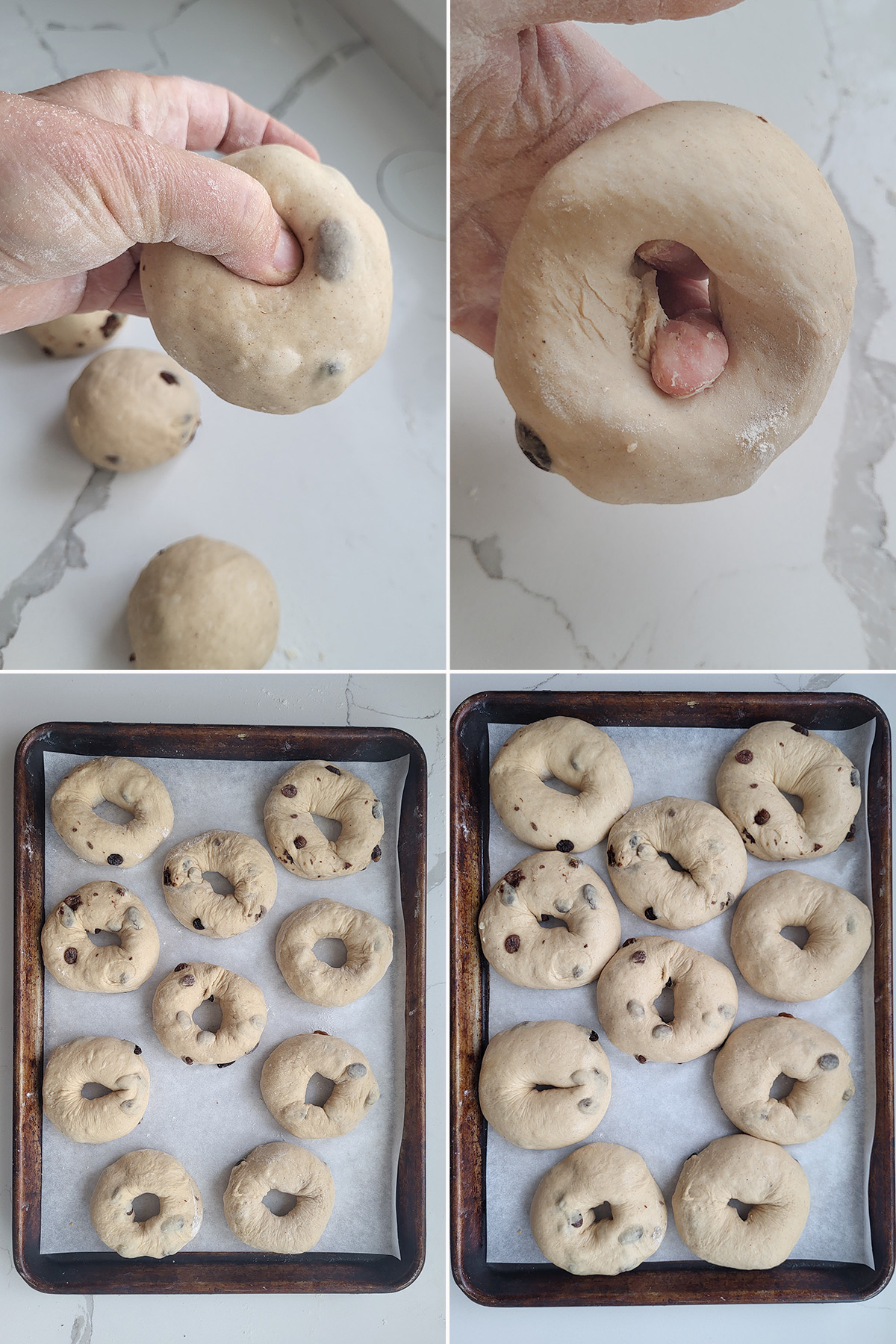 A hand forming a piece of dough into a bagel. A tray of bagels before and after rising.