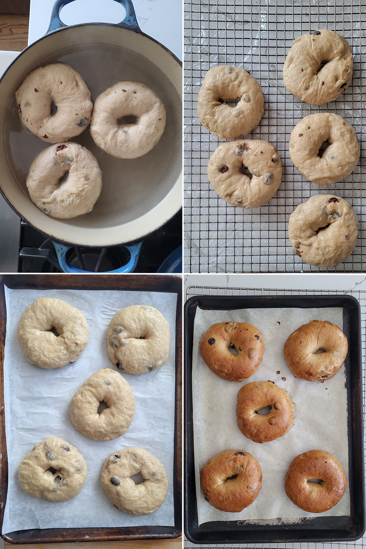 a pot with bagels boiling in water. Boiled bagels on a rack. Bagels before and after baking.