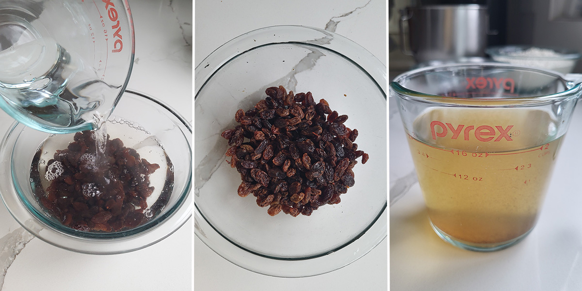 raisins in a bowl covered with boiling water. A measuring cup filled with water.