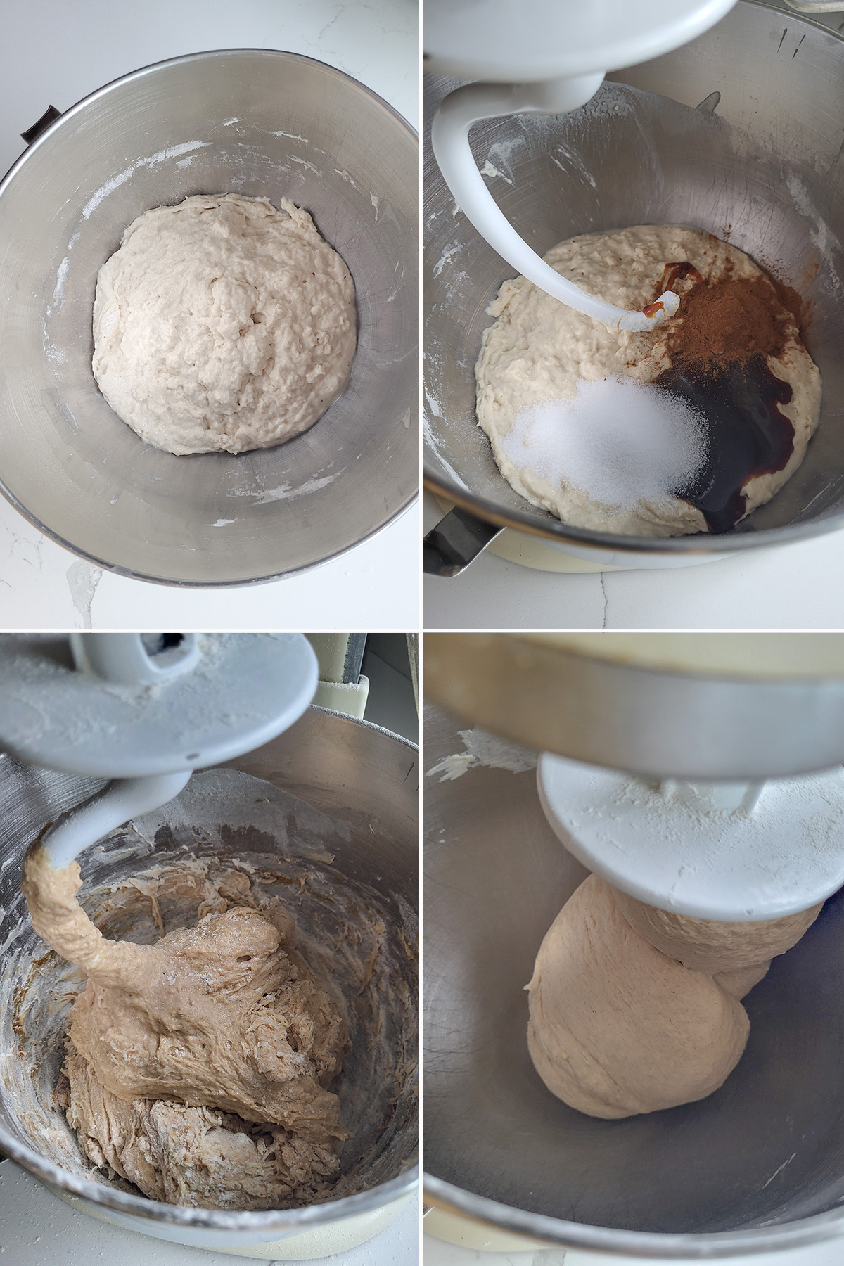 Cinnamon raisin bagel dough in a stand mixer with a hook.