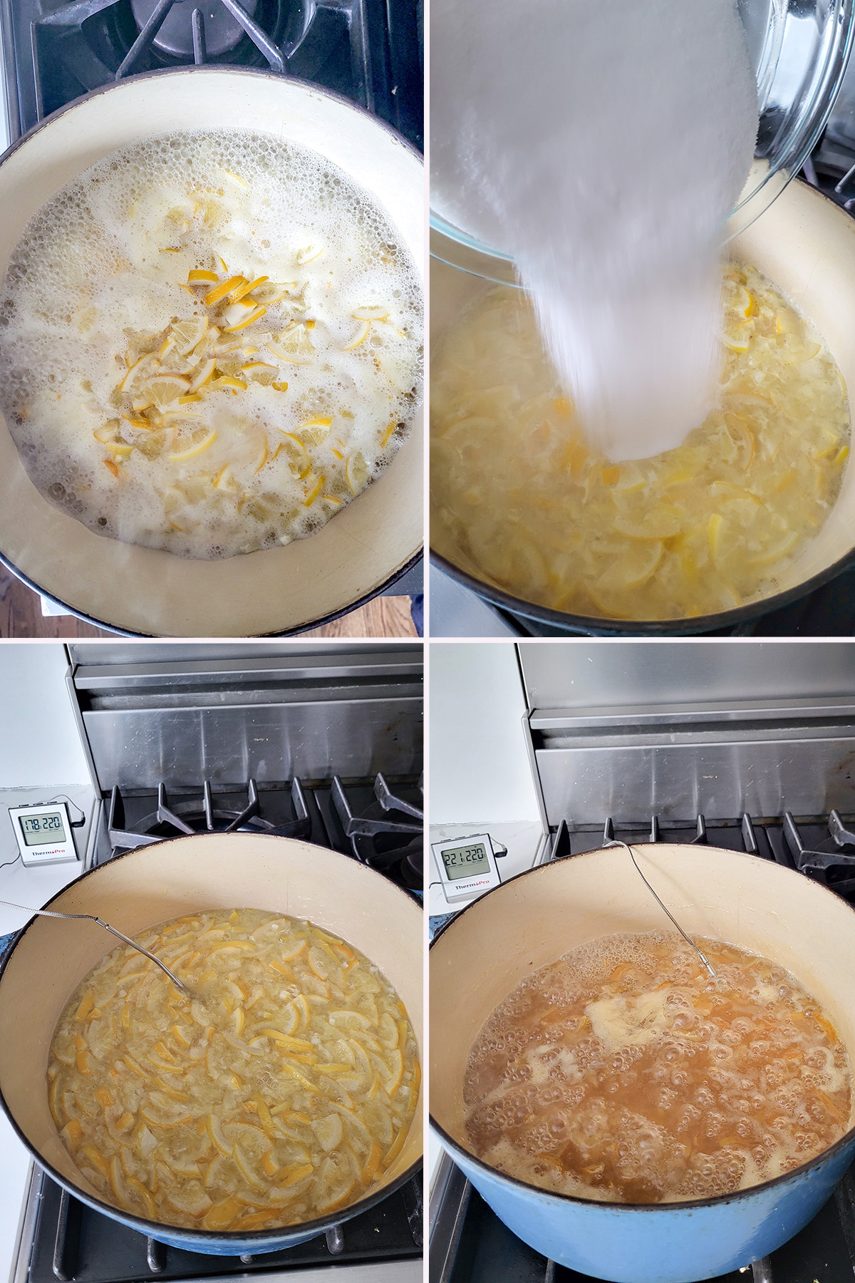 meyer lemon slices and sugar boiling in a pot.