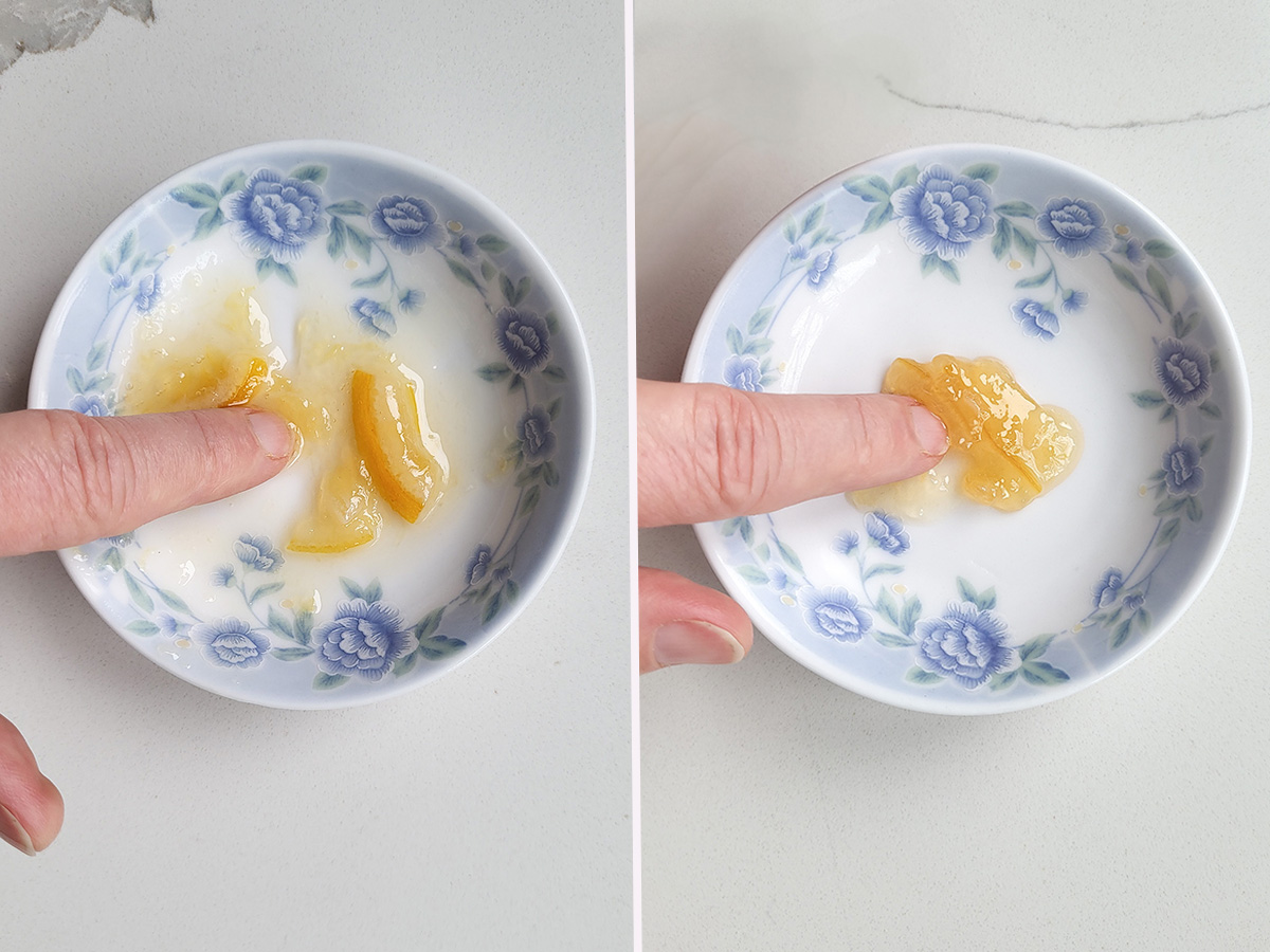 a blue and white plate with a spoonful of marmalade and a hand.