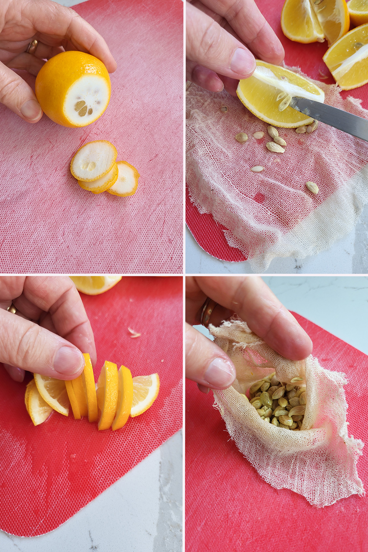 sliced lemon on a red cutting board. Lemon seeds in cheesecloth.