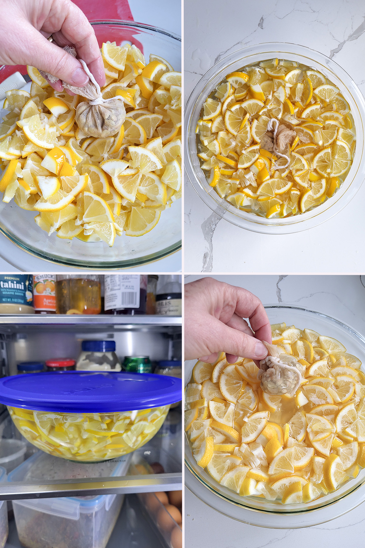 a glass bowl filled with lemon slices. The bowl in a refrigerator.