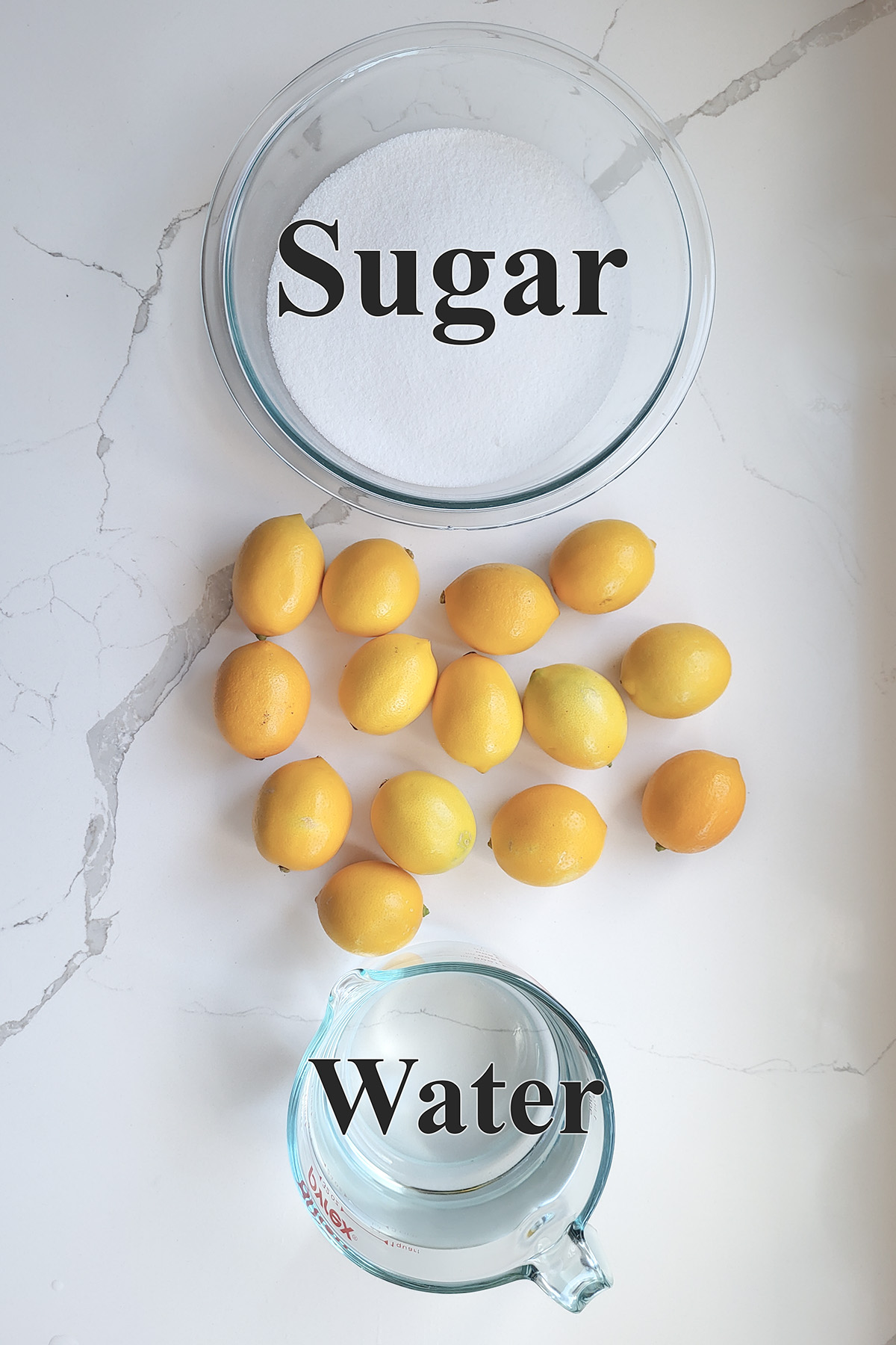 ingredients for meyer lemon marmalade in glass bowls on a white surface.