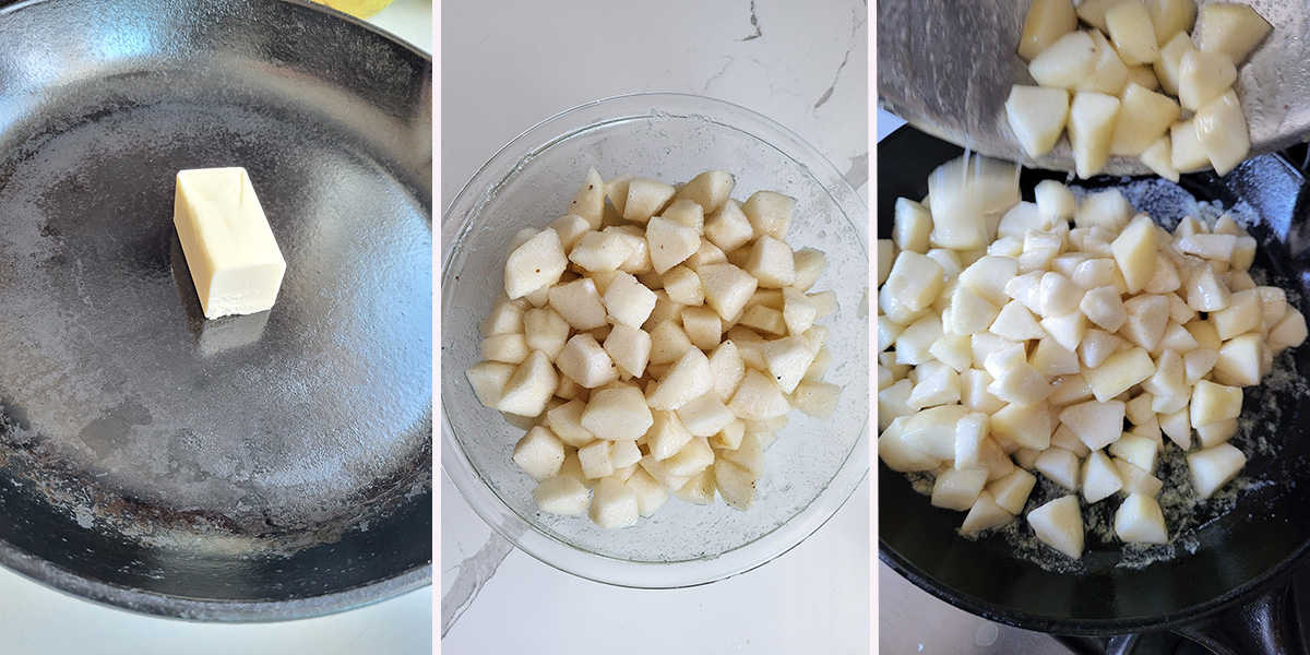 a cast iron skillet with a chunk of butter. A bowl of chopped pears. Pears pouring into a skillet.