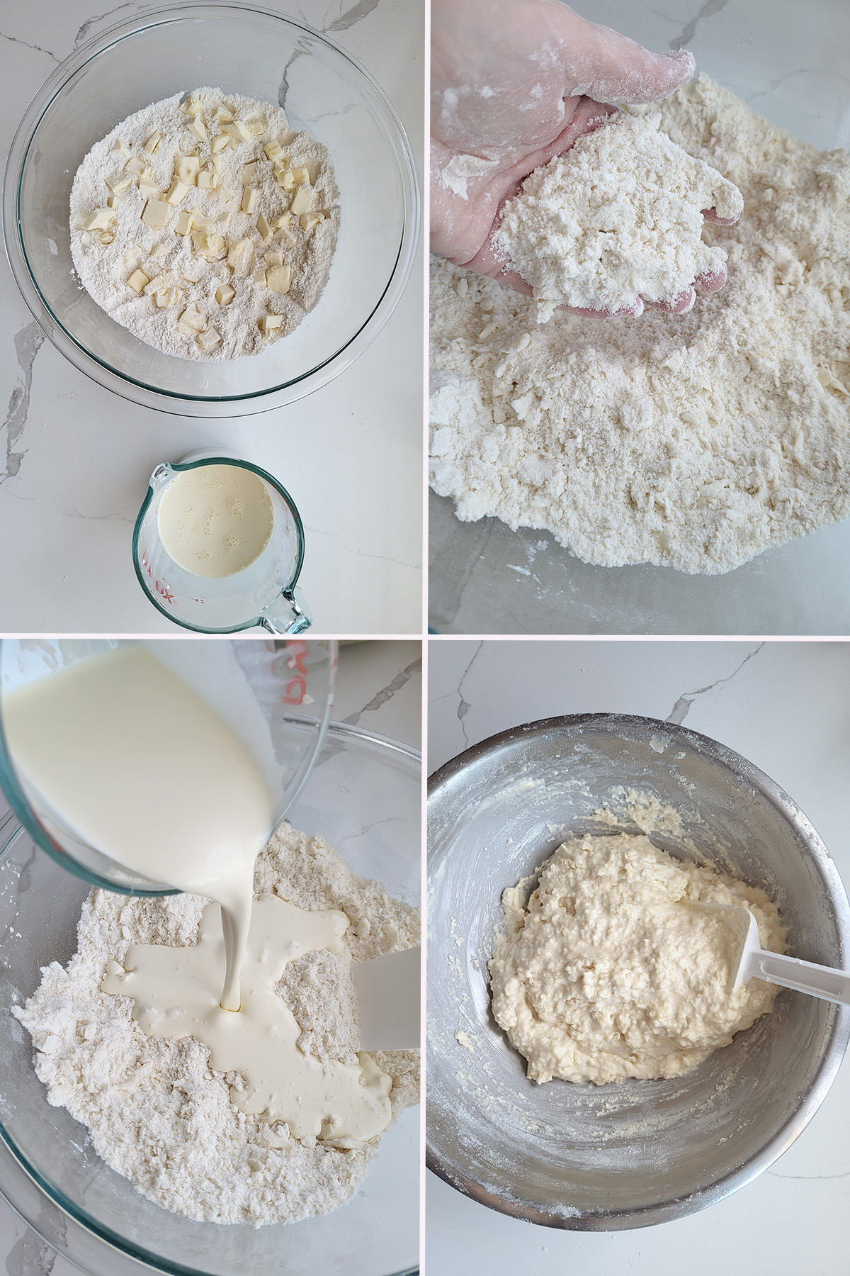 Dry baking ingredients in a bowl with cubes of butter. Wet ingredients added to dry ingredients. Dough in a bowl.