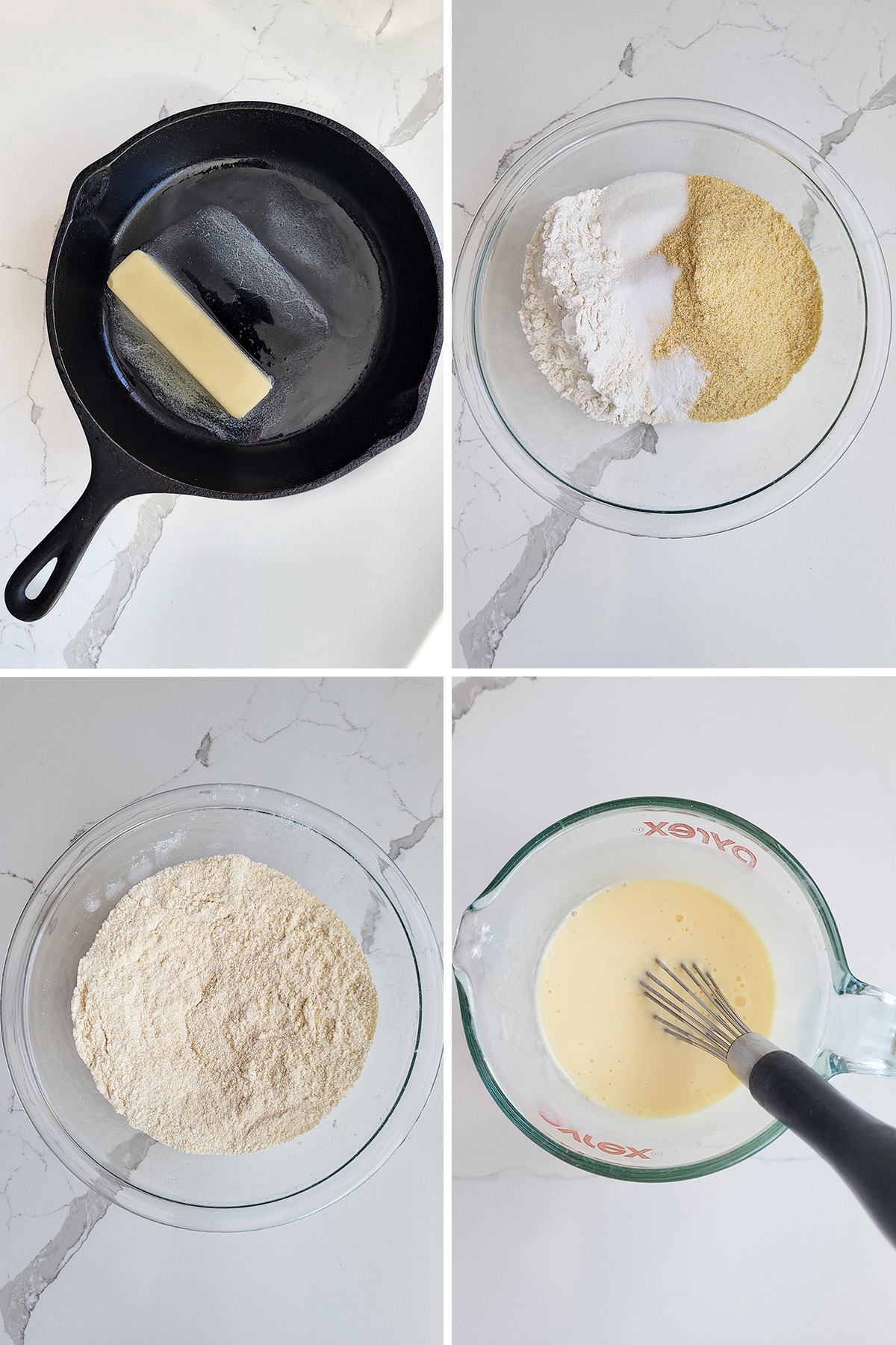 a skillet with butter. A bowl with dry ingredients and a measuring cup with wet ingredients.