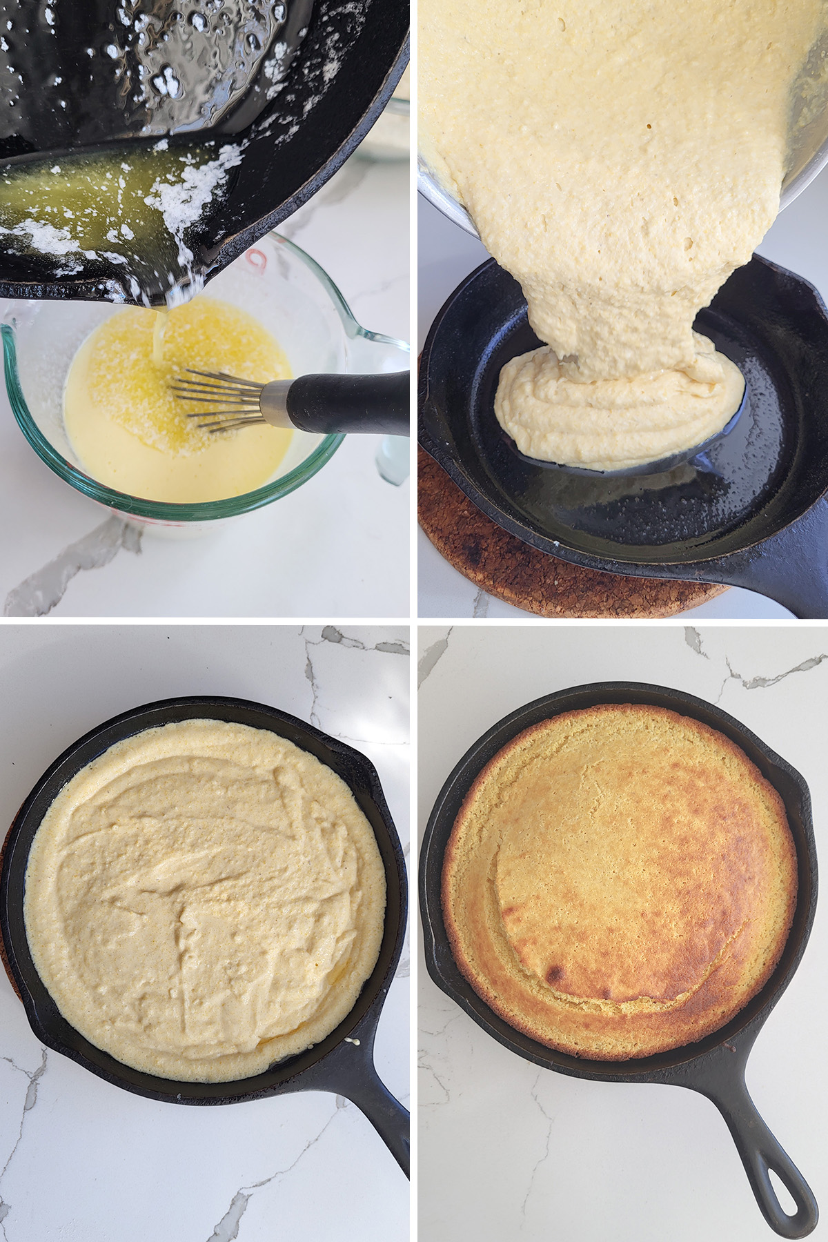 Melted butter added to a cup of milk. Batter pouring into a pan. Cornbread before and after baking.