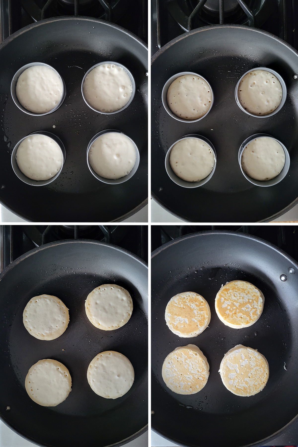 sourdough crumpet batter in rings in a black pan.