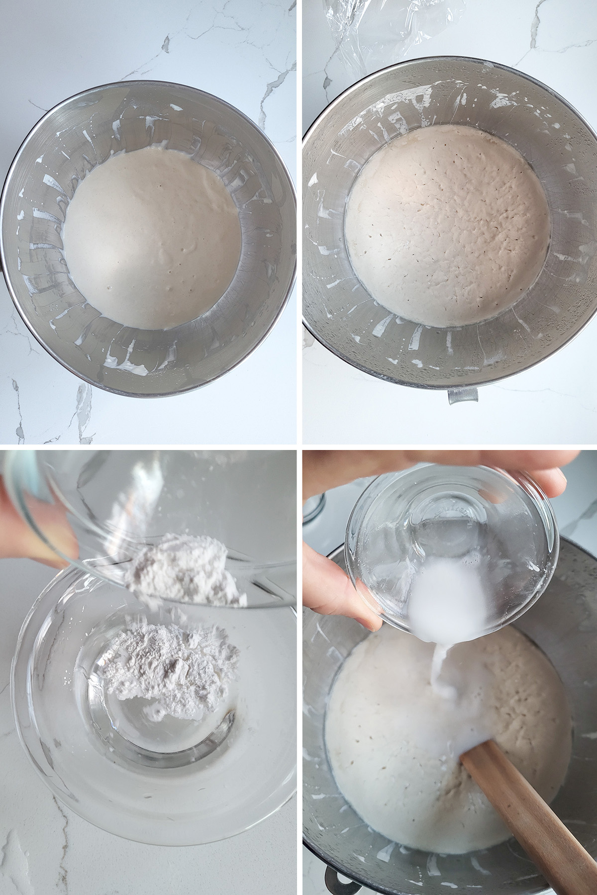 batter for sourdough crumpets in a mixing bowl. Adding baking soda to the bowl.