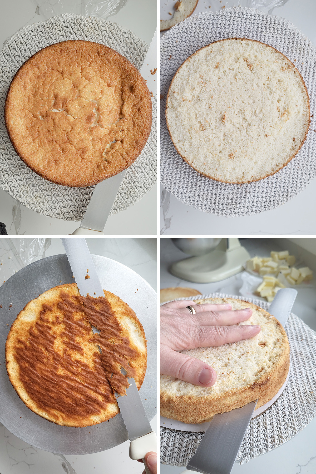 flour photos showing how to trim and cut cake layers.