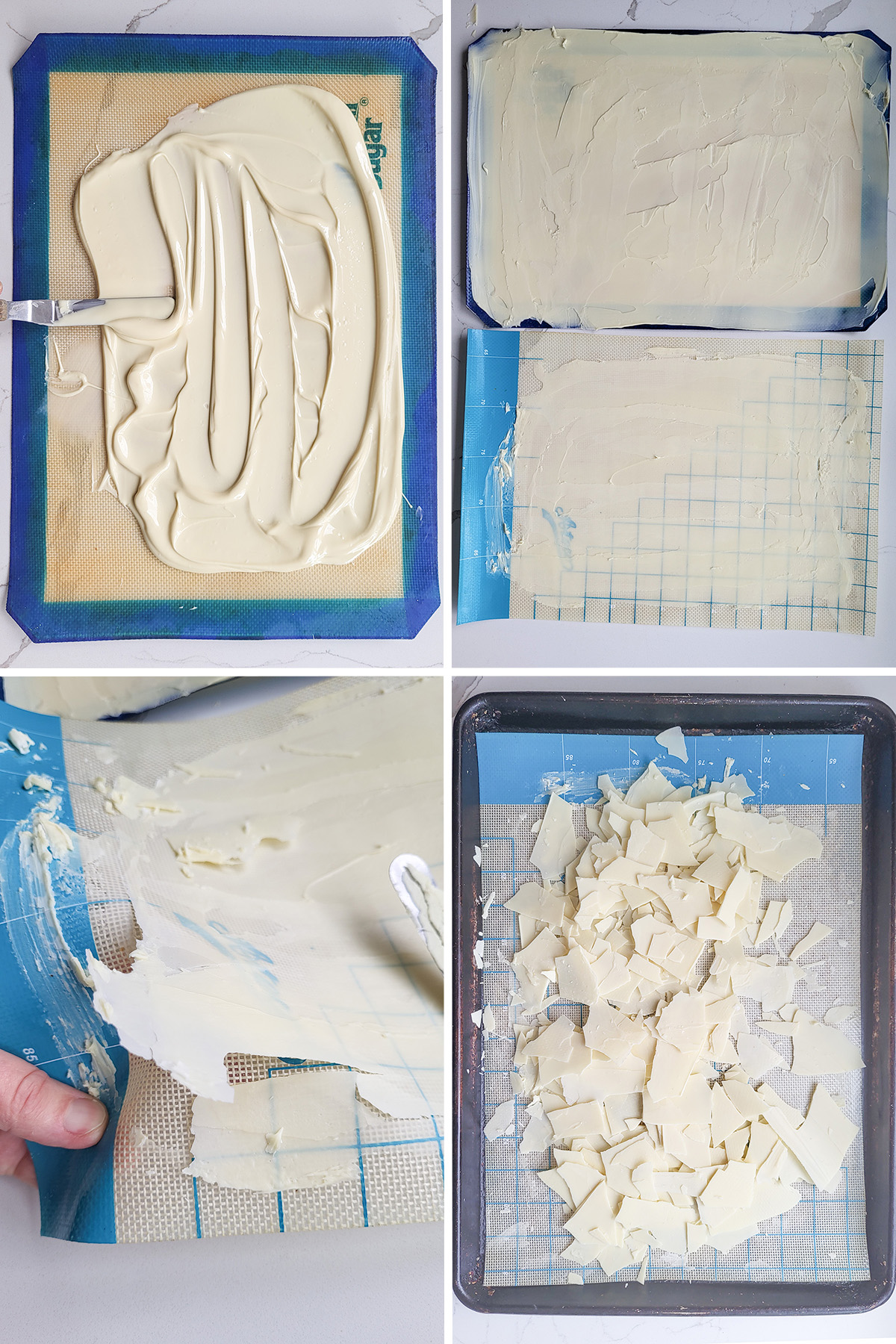 white chocolate spread onto a silicone mat. Set white chocolate broken into bits on a sheet pan.